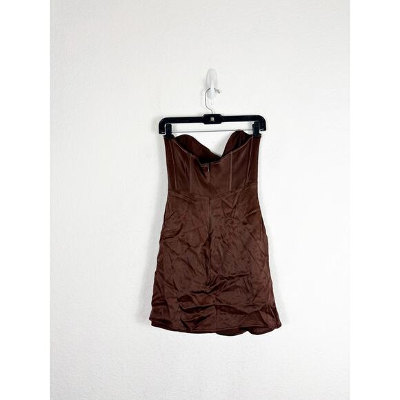 Zara Brown TopStitch Strapless Satin Draped Mini Dress Size Large Corset Bustier - Picture 13 of 15